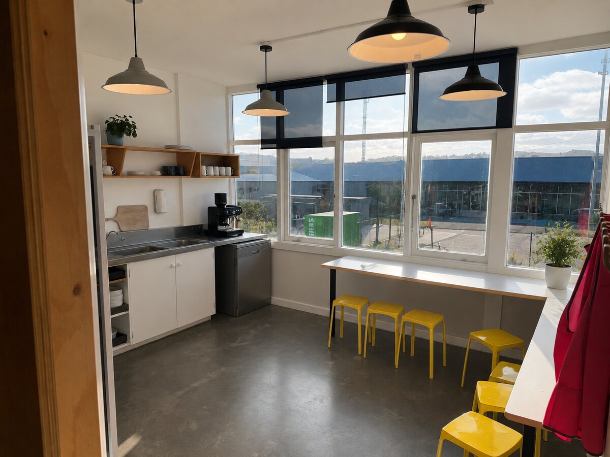 Kitchen with mountain views at Lyall Bay WorkHub