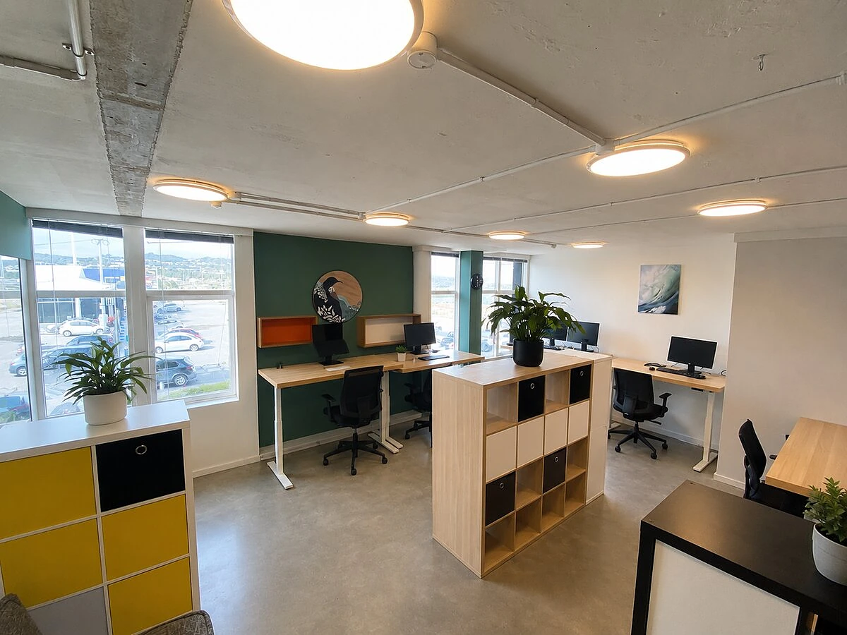 Open-plan workspace at Lyall Bay WorkHub with electric sit/stand desks beside large windows