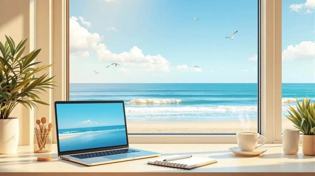 Remote work lifestyle image featuring laptop desk setup with ocean view, natural light, and coffee cup by the window.